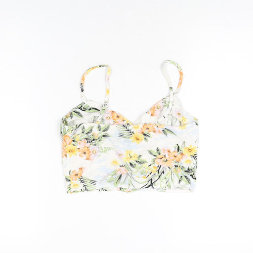 Miss Selfridge Womens White Floral Linen Cropped T-Shirt Size 8 V-Neck