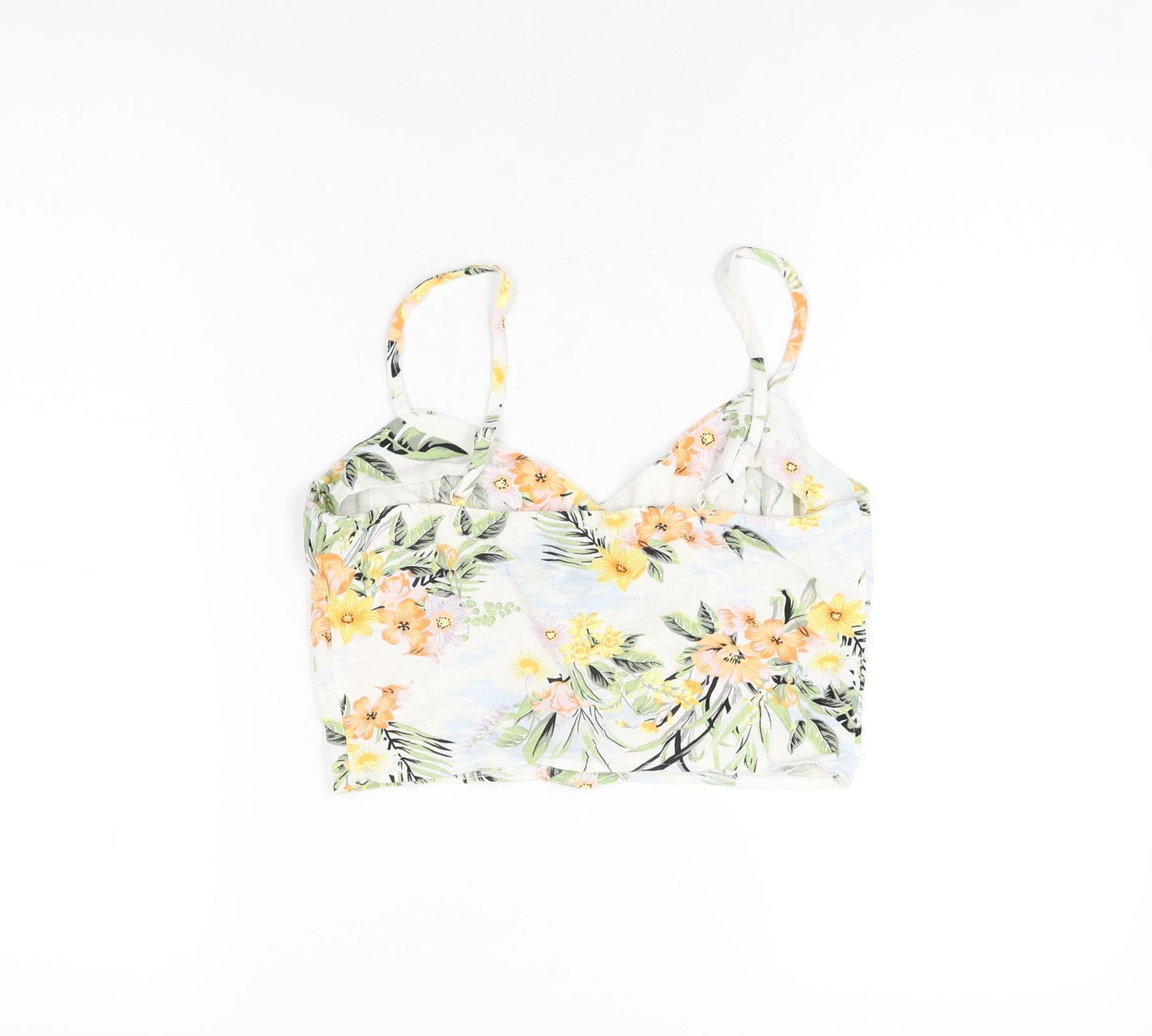 Miss Selfridge Womens White Floral Linen Cropped T-Shirt Size 8 V-Neck