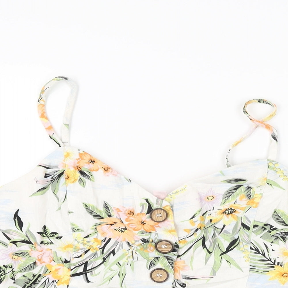 Miss Selfridge Womens White Floral Linen Cropped T-Shirt Size 8 V-Neck