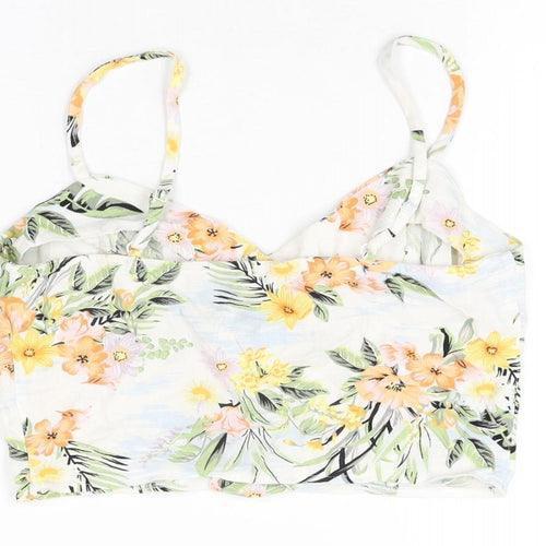 Miss Selfridge Womens White Floral Linen Cropped T-Shirt Size 8 V-Neck