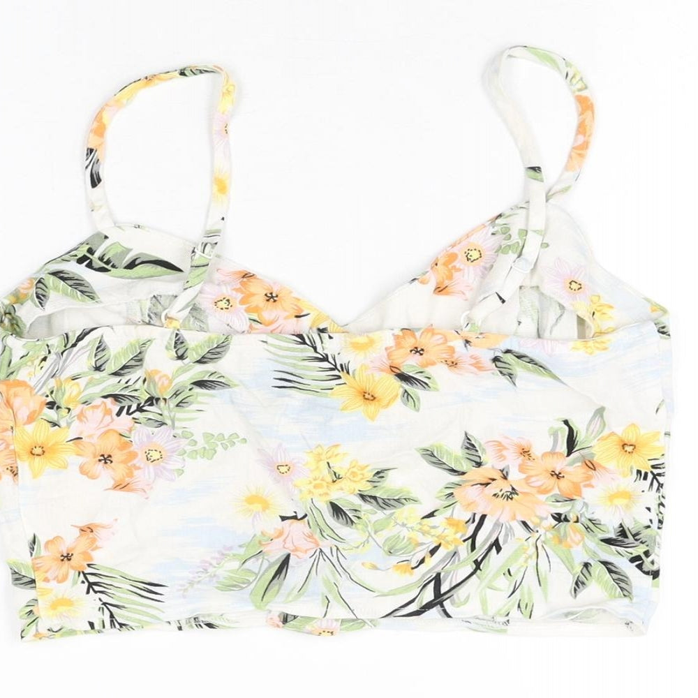 Miss Selfridge Womens White Floral Linen Cropped T-Shirt Size 8 V-Neck