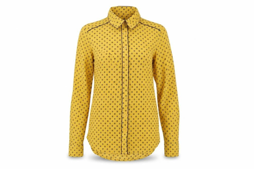 Front view of Next women’s yellow floral modal basic button-up, size UK 6, collared