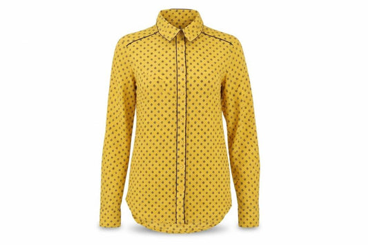 Front view of Next women’s yellow floral modal basic button-up, size UK 6, collared