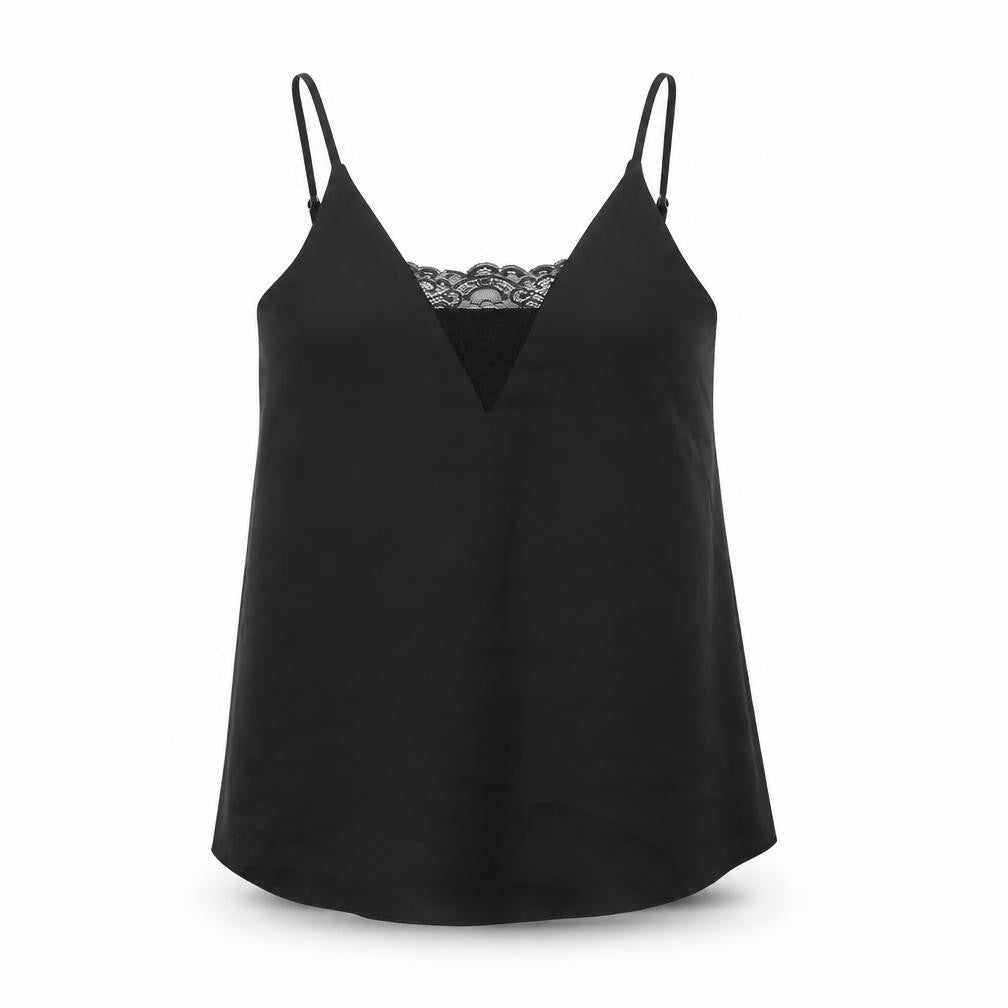 Front view of River Island women’s black polyester camisole t-shirt, size UK 8, v-neck