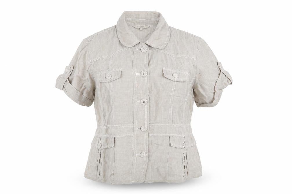 Front view of RJR.John Rocha women’s grey linen basic button-up, size UK 18, collared