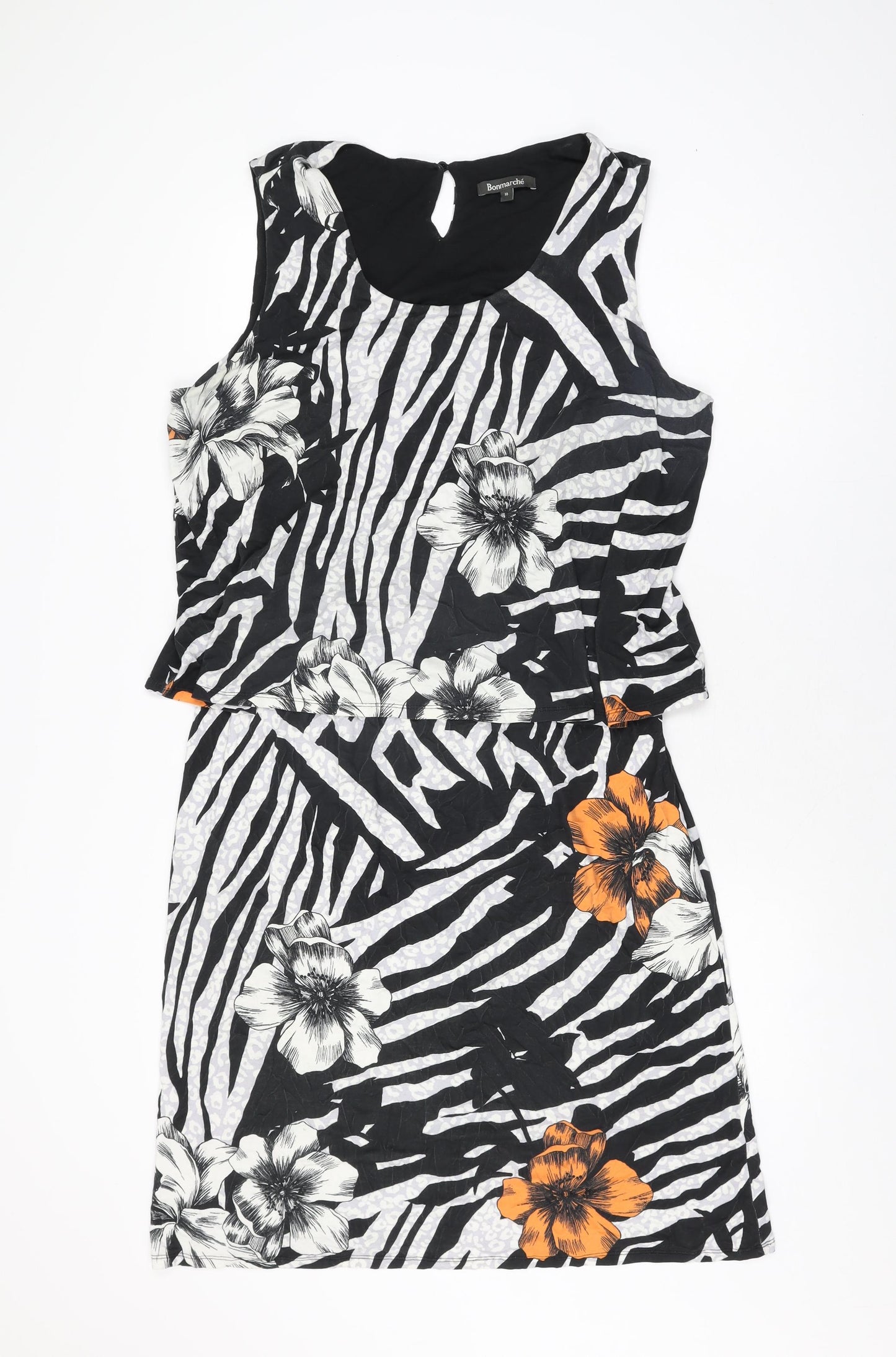 Bonmarché Womens Black Floral Viscose Shift Size 16 Scoop Neck Button