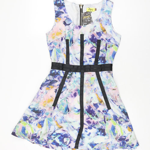 Max C Womens Multicoloured Geometric Polyester Skater Dress Size 8 Round Neck Zip
