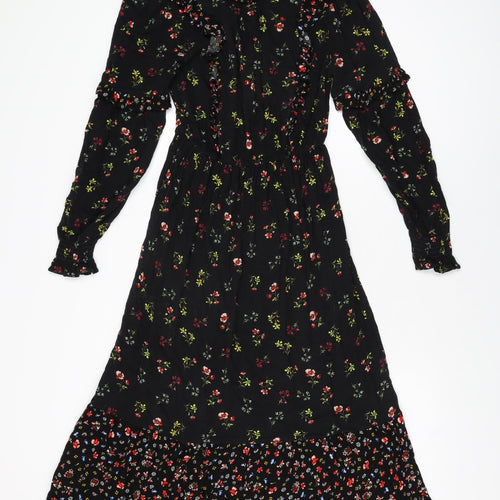 Marks and Spencer Womens Black Floral Viscose A-Line Size 8 Round Neck Button