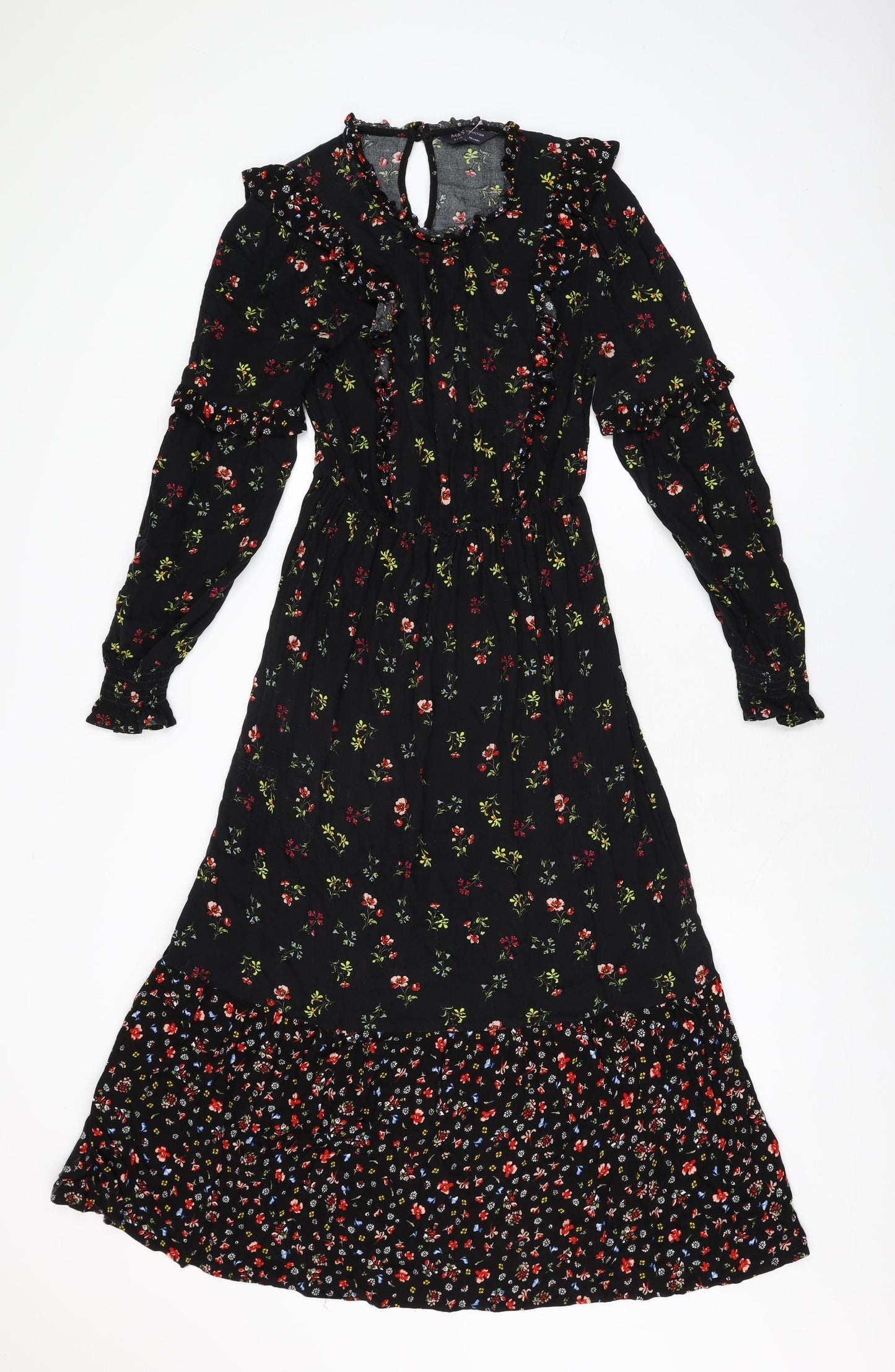 Marks and Spencer Womens Black Floral Viscose A-Line Size 8 Round Neck Button