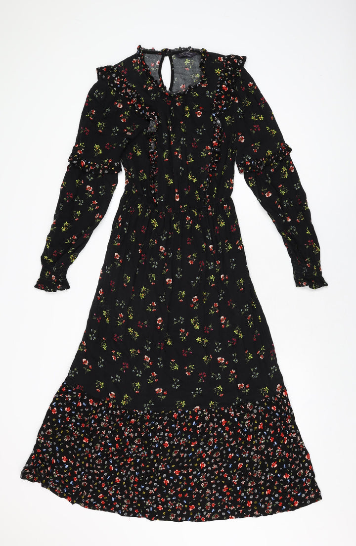 Marks and Spencer Womens Black Floral Viscose A-Line Size 8 Round Neck Button