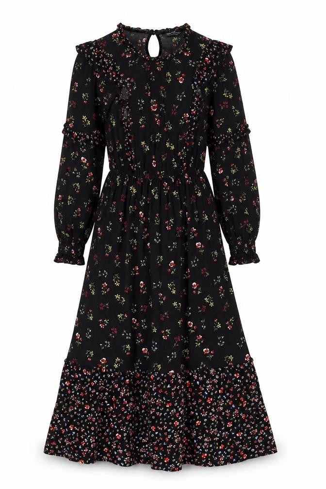 Marks and Spencer Womens Black Floral Viscose A-Line Size 8 Round Neck Button