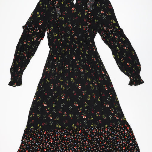 Marks and Spencer Womens Black Floral Viscose A-Line Size 8 Round Neck Button