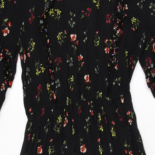 Marks and Spencer Womens Black Floral Viscose A-Line Size 8 Round Neck Button