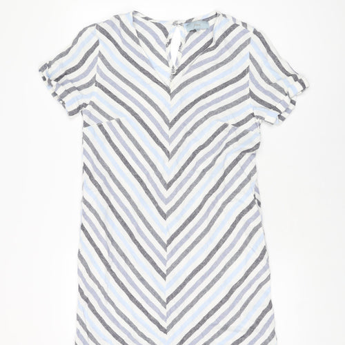 NEXT Womens White Striped Linen Shift Size 12 V-Neck Button