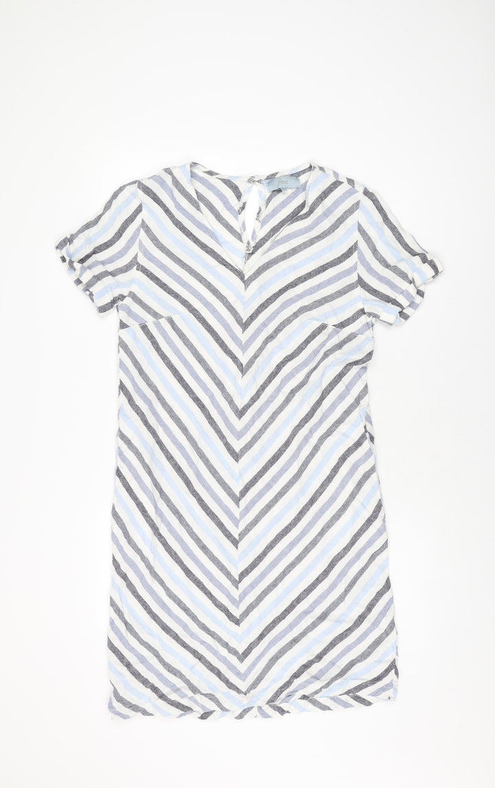 NEXT Womens White Striped Linen Shift Size 12 V-Neck Button