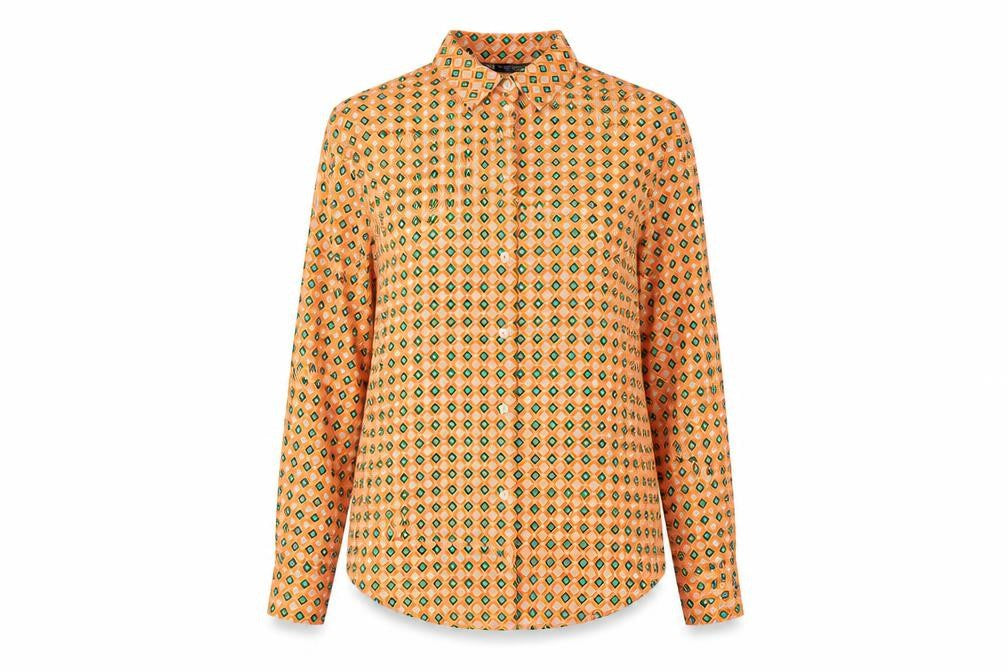 Front view of Zara women’s orange geometric viscose basic button-up, size XS, collared