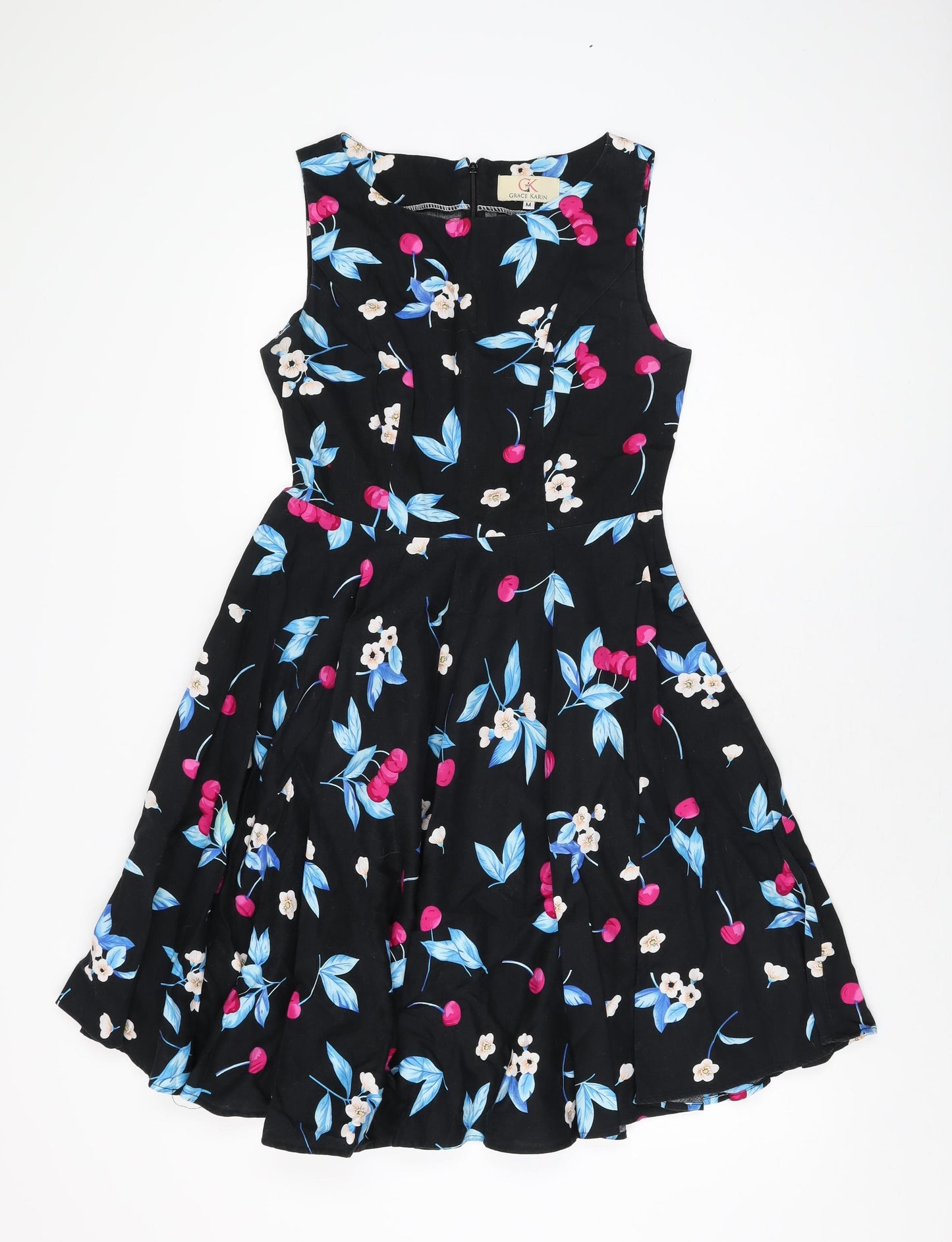 Grace Karin Womens Black Floral Polyester A-Line Size M Round Neck Zip