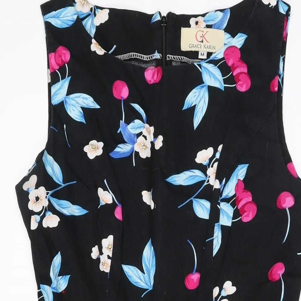 Grace Karin Womens Black Floral Polyester A-Line Size M Round Neck Zip