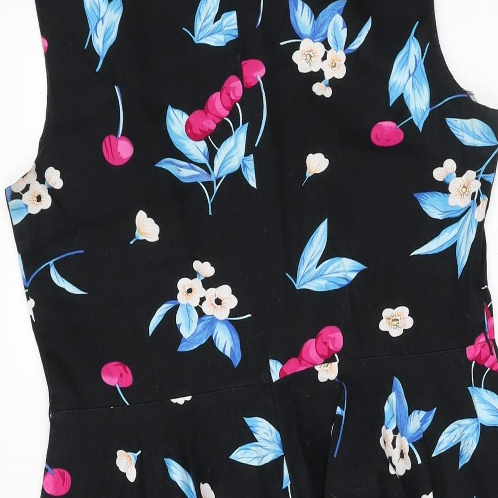 Grace Karin Womens Black Floral Polyester A-Line Size M Round Neck Zip