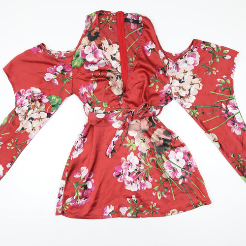 Missguided Womens Red Floral Polyester Mini Size 8 V-Neck Zip