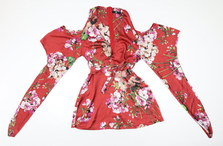 Missguided Womens Red Floral Polyester Mini Size 8 V-Neck Zip
