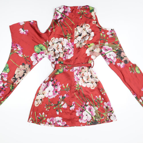 Missguided Womens Red Floral Polyester Mini Size 8 V-Neck Zip