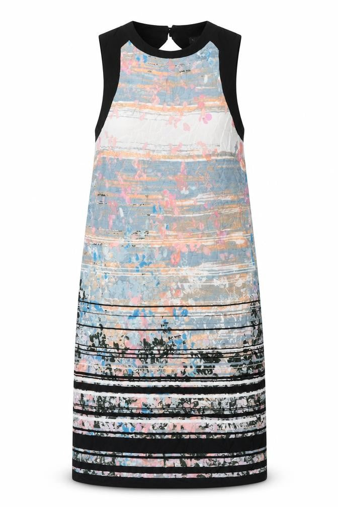 Front view of Warehouse women’s multicoloured geometric polyester shift, size UK 6, round neck button