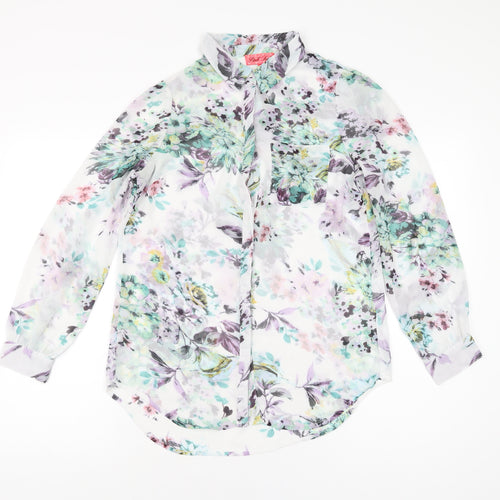 Pink Soda Womens White Floral Polyester Basic Button-Up Size 8 Collared