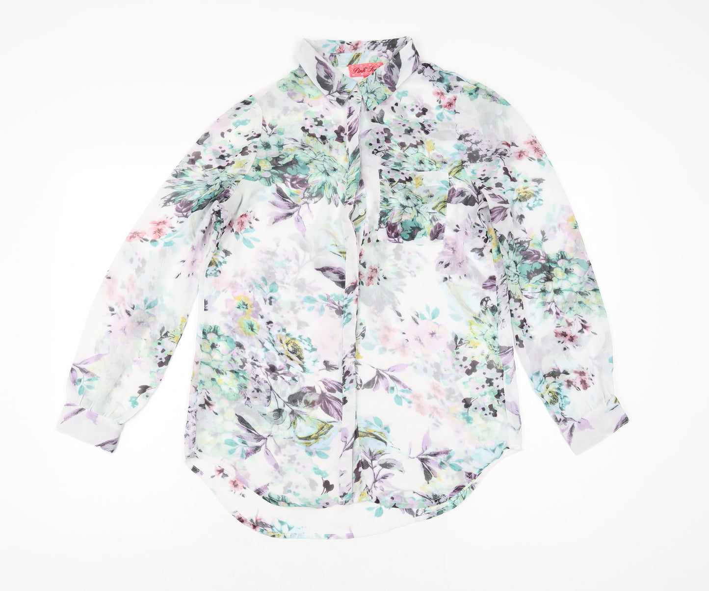 Pink Soda Womens White Floral Polyester Basic Button-Up Size 8 Collared