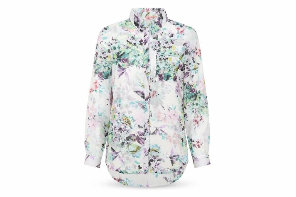 Front view of Pink Soda women’s white floral polyester basic button-up, size UK 8, collared