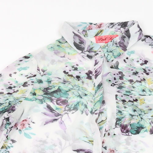 Pink Soda Womens White Floral Polyester Basic Button-Up Size 8 Collared