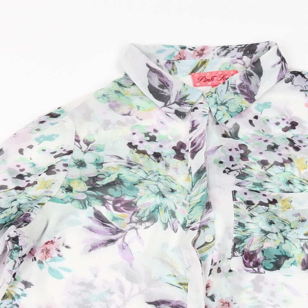 Pink Soda Womens White Floral Polyester Basic Button-Up Size 8 Collared