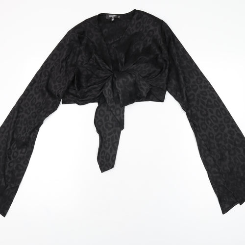 Missguided Womens Black Animal Print Polyester Cropped T-Shirt Size 8 V-Neck