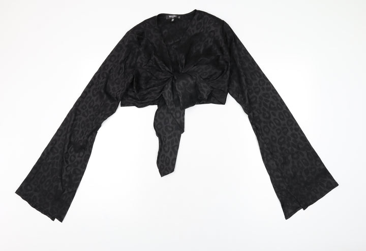 Missguided Womens Black Animal Print Polyester Cropped T-Shirt Size 8 V-Neck