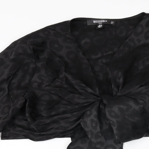 Missguided Womens Black Animal Print Polyester Cropped T-Shirt Size 8 V-Neck