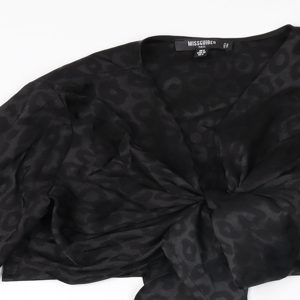 Missguided Womens Black Animal Print Polyester Cropped T-Shirt Size 8 V-Neck