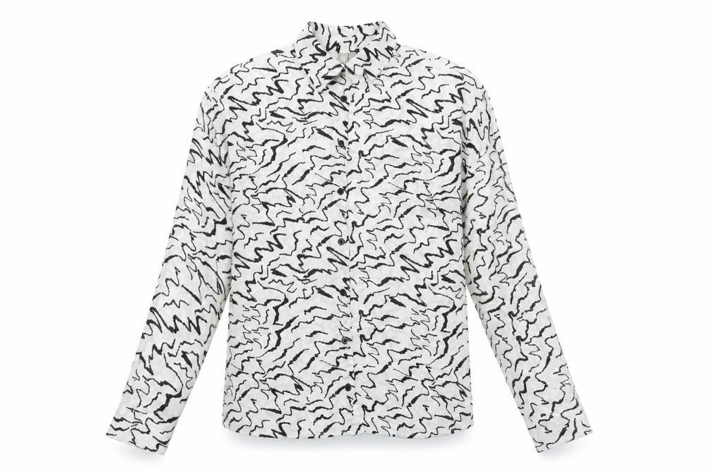 Front view of ASOS women’s white geometric polyester basic button-up, size UK 8, collared