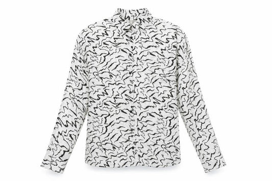 Front view of ASOS women’s white geometric polyester basic button-up, size UK 8, collared