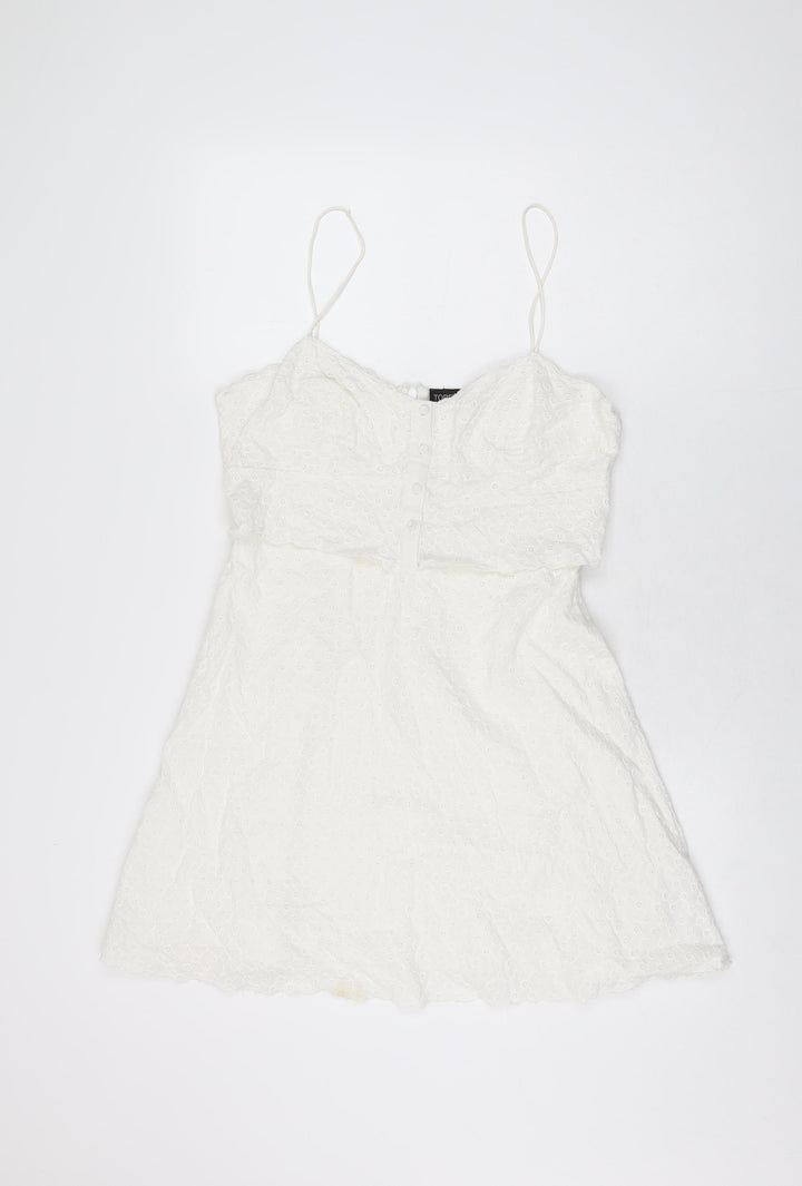 Topshop Womens White Geometric Cotton Skater Dress Size 12 V-Neck Zip