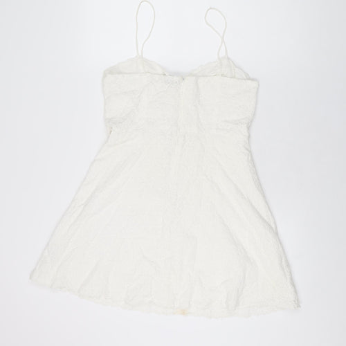 Topshop Womens White Geometric Cotton Skater Dress Size 12 V-Neck Zip