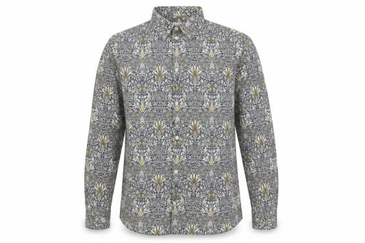 Front view of H&M men’s multicoloured geometric lyocell button-up, size M, collared button