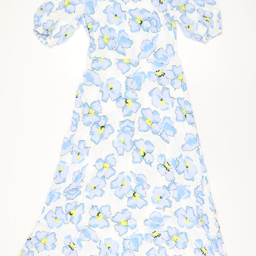 Marks and Spencer Womens White Floral Viscose A-Line Size 8 Round Neck Zip