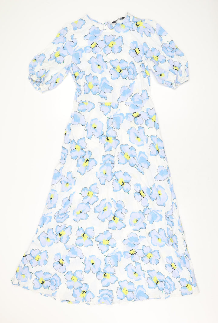 Marks and Spencer Womens White Floral Viscose A-Line Size 8 Round Neck Zip