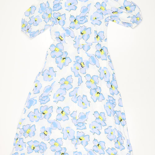 Marks and Spencer Womens White Floral Viscose A-Line Size 8 Round Neck Zip