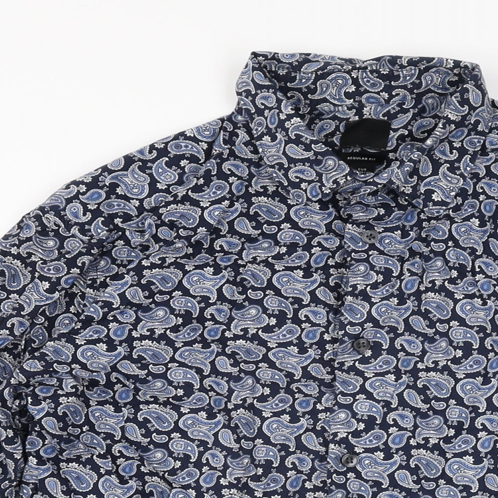 H&M Mens Blue Paisley Cotton Button-Up Size M Collared Button