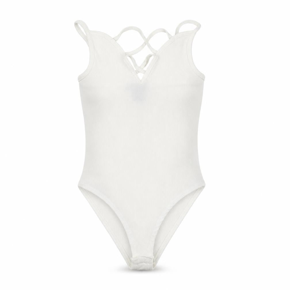 Front view of New Look women’s white polyester bodysuit one-piece, size UK 8, snap