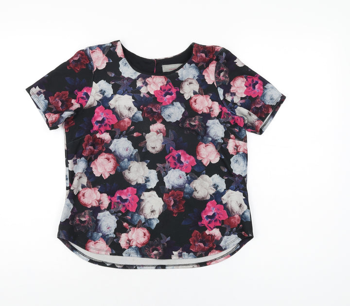Dorothy Perkins Womens Black Floral Polyester Basic T-Shirt Size 10 Round Neck