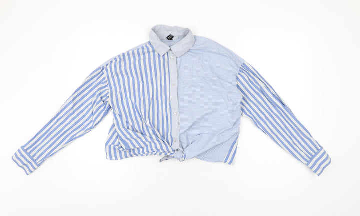 H&M Womens Blue Striped Cotton Basic Button-Up Size 8 Collared
