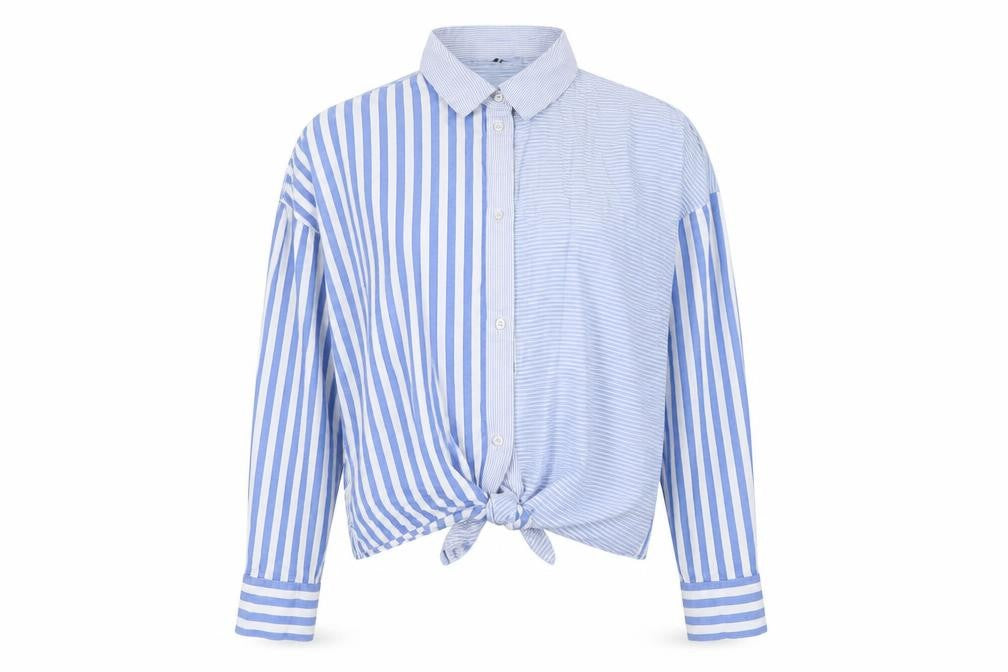 Front view of H&M women’s blue striped cotton basic button-up, size UK 8, collared