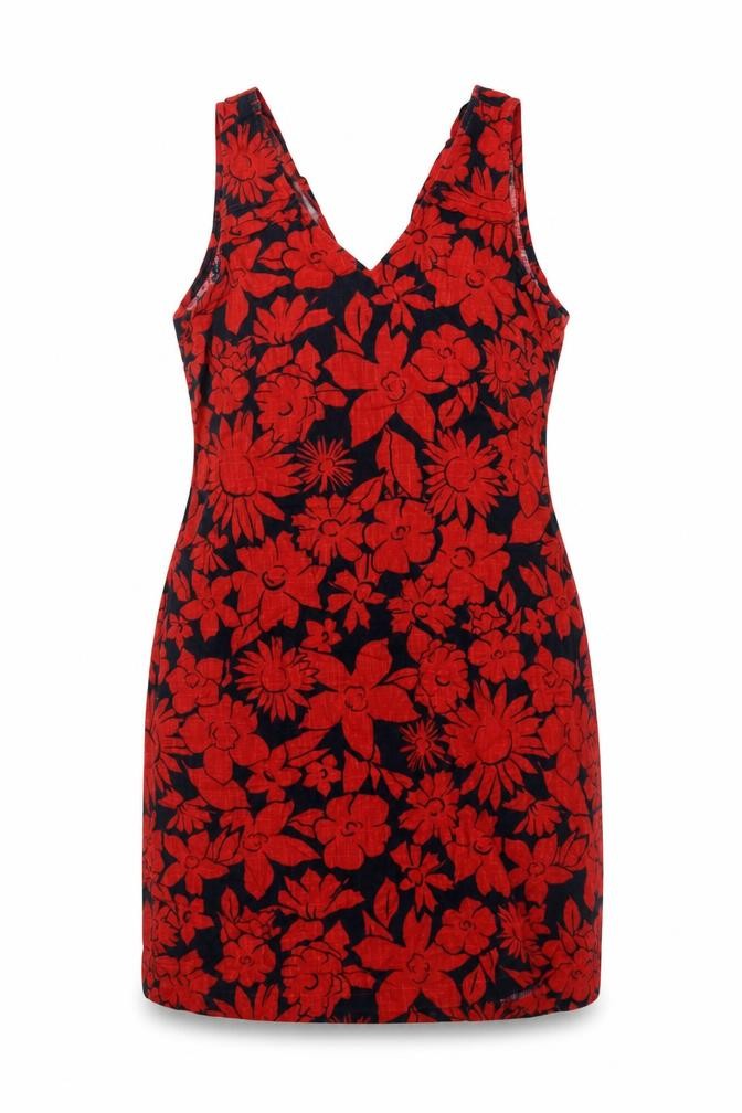Front view of Next women’s red geometric linen tank dress, size UK 10, v-neck pullover